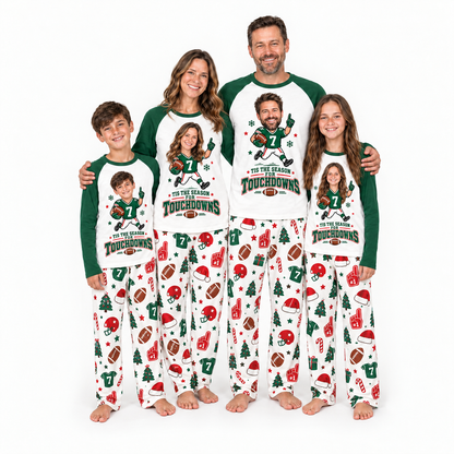 Funny Custom Face Football Tis The Season For Touchdowns Matching Christmas Pajamas