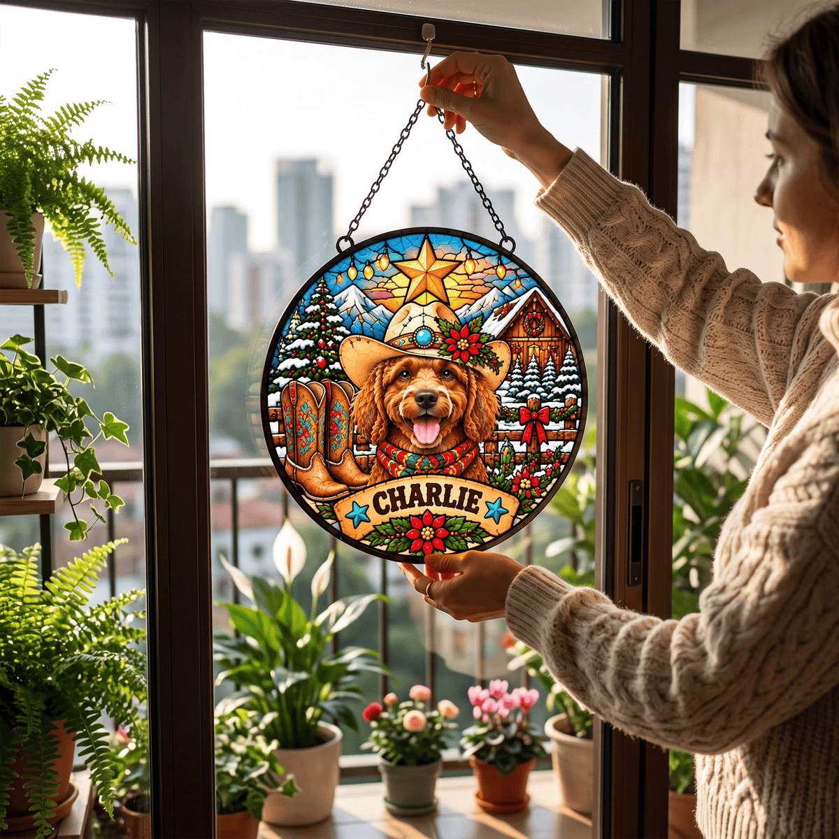 Personalized Western Christmas Pet Portrait Stained Glass Suncatcher – Custom Pet Name, Cowboy Holiday Window Hanging Gift