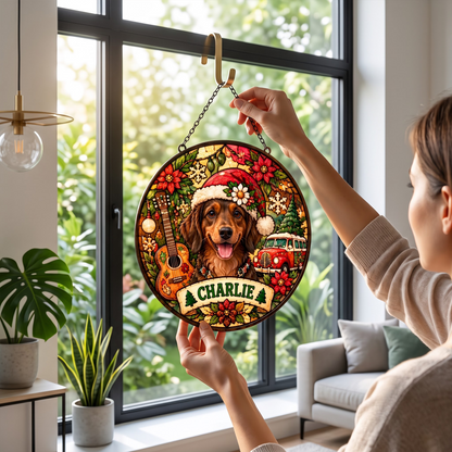 Personalized Hippie Christmas Pet Portrait Stained Glass Suncatcher – Custom Pet Name, Groovy Holiday Window Hanging Gift