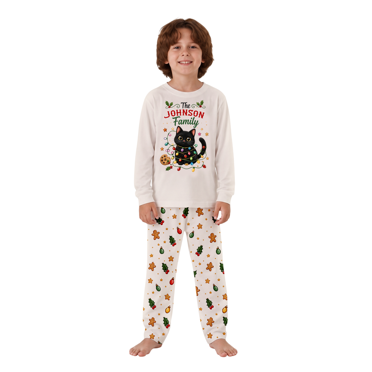 Personalized Black Cat Christmas Lights Matching Family Christmas Pajamas With Pet