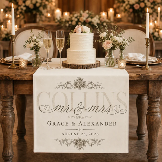 Personalized Wedding Table Runner with Names – Mr and Mrs Vintage Script, Custom Head Table & Sweetheart Table Decor