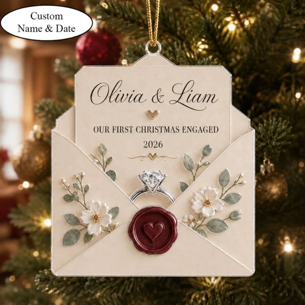 Ornament First Christmas Engaged Envelope Acrylic Tree Keepsake for Couples