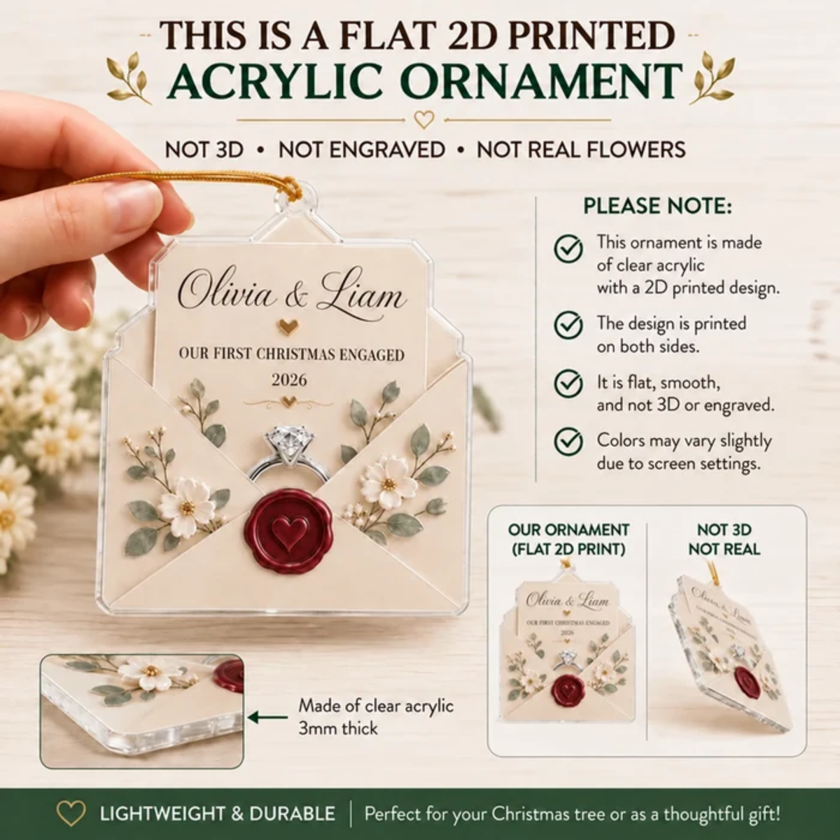 Ornament First Christmas Engaged Envelope Acrylic Tree Keepsake for Couples