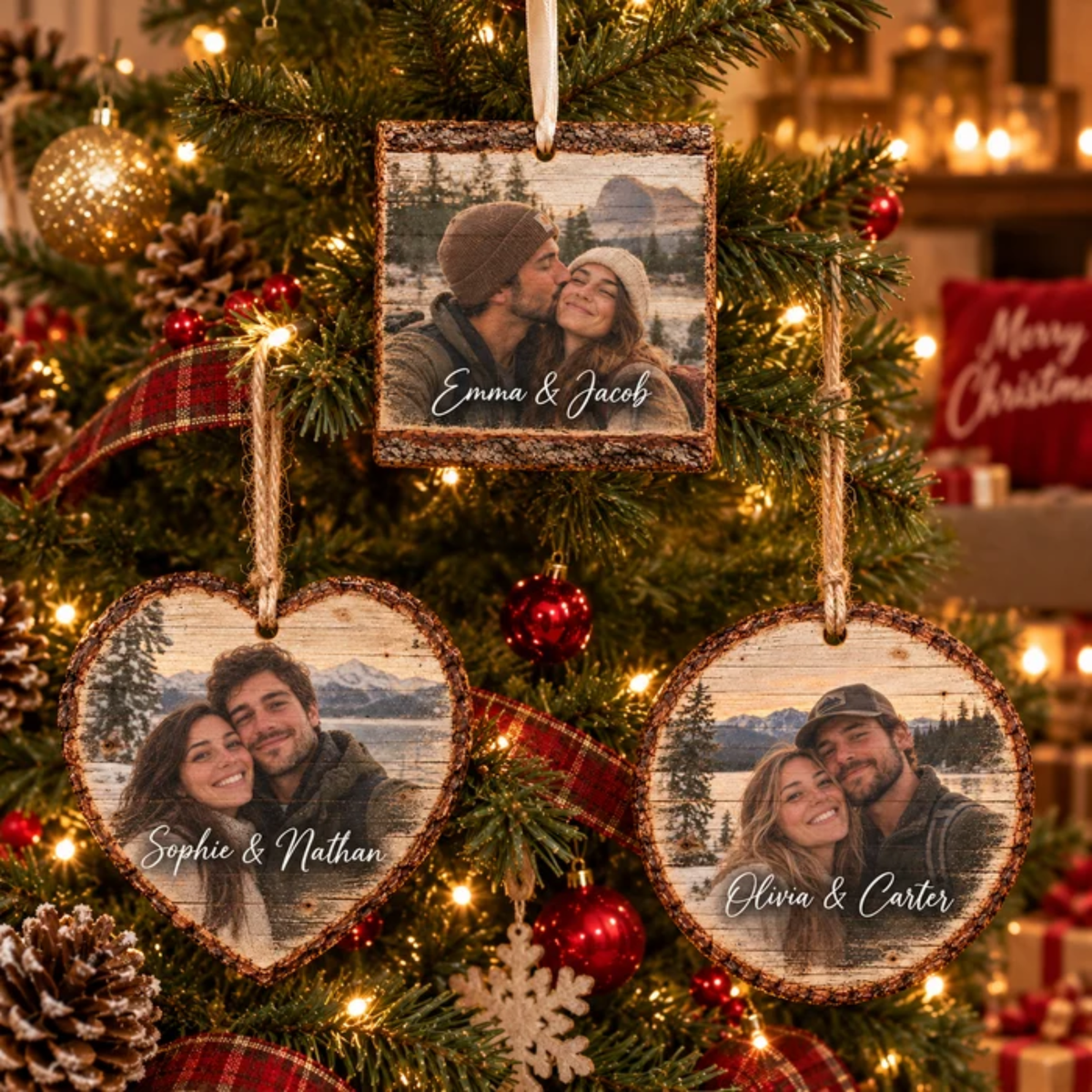 Personalized Heart Photo Wood Slice Christmas Ornament