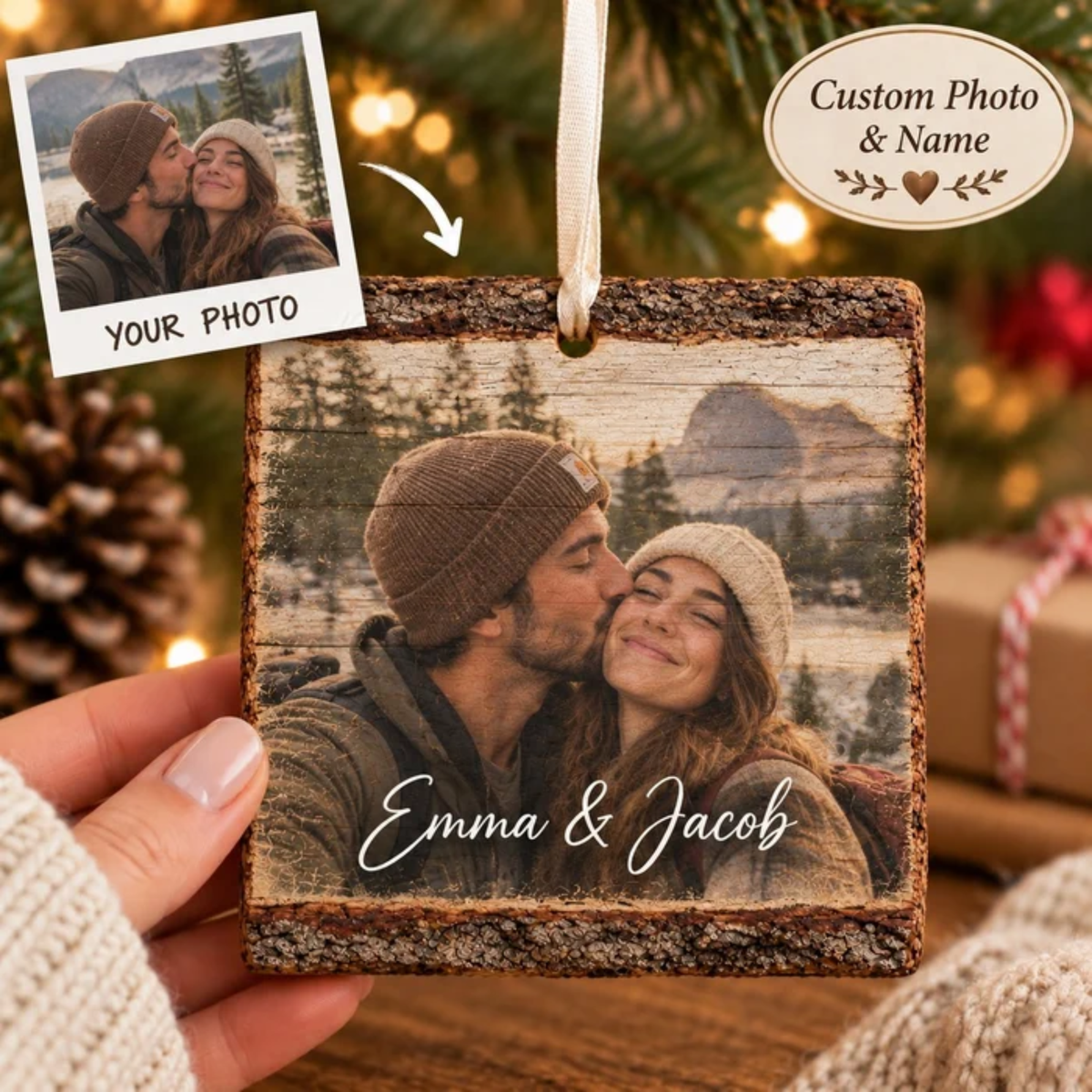 Personalized Heart Photo Wood Slice Christmas Ornament