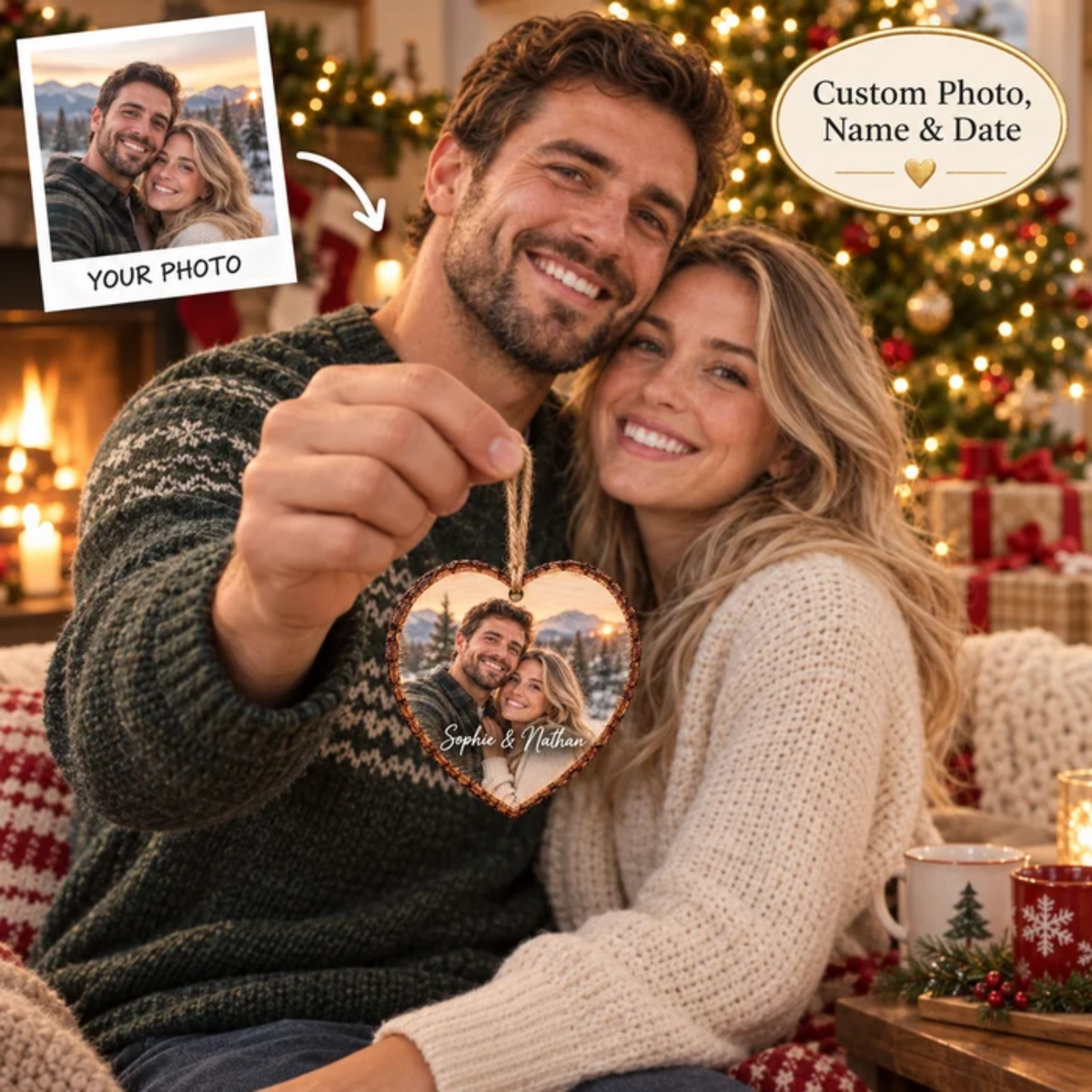 Personalized Heart Photo Wood Slice Christmas Ornament