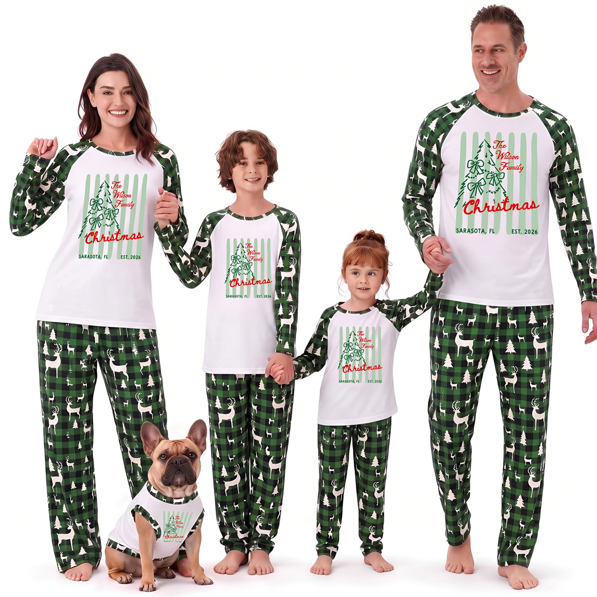 Custom Festive Green Plaid Personalized Family Christmas Pajamas
