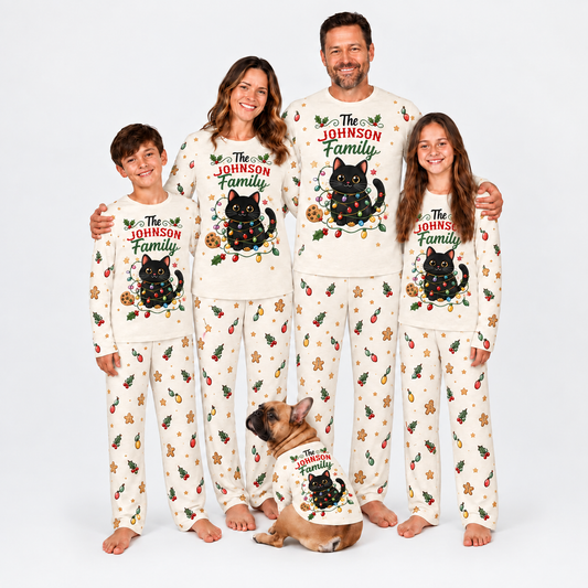 Personalized Black Cat Christmas Lights Matching Family Christmas Pajamas With Pet