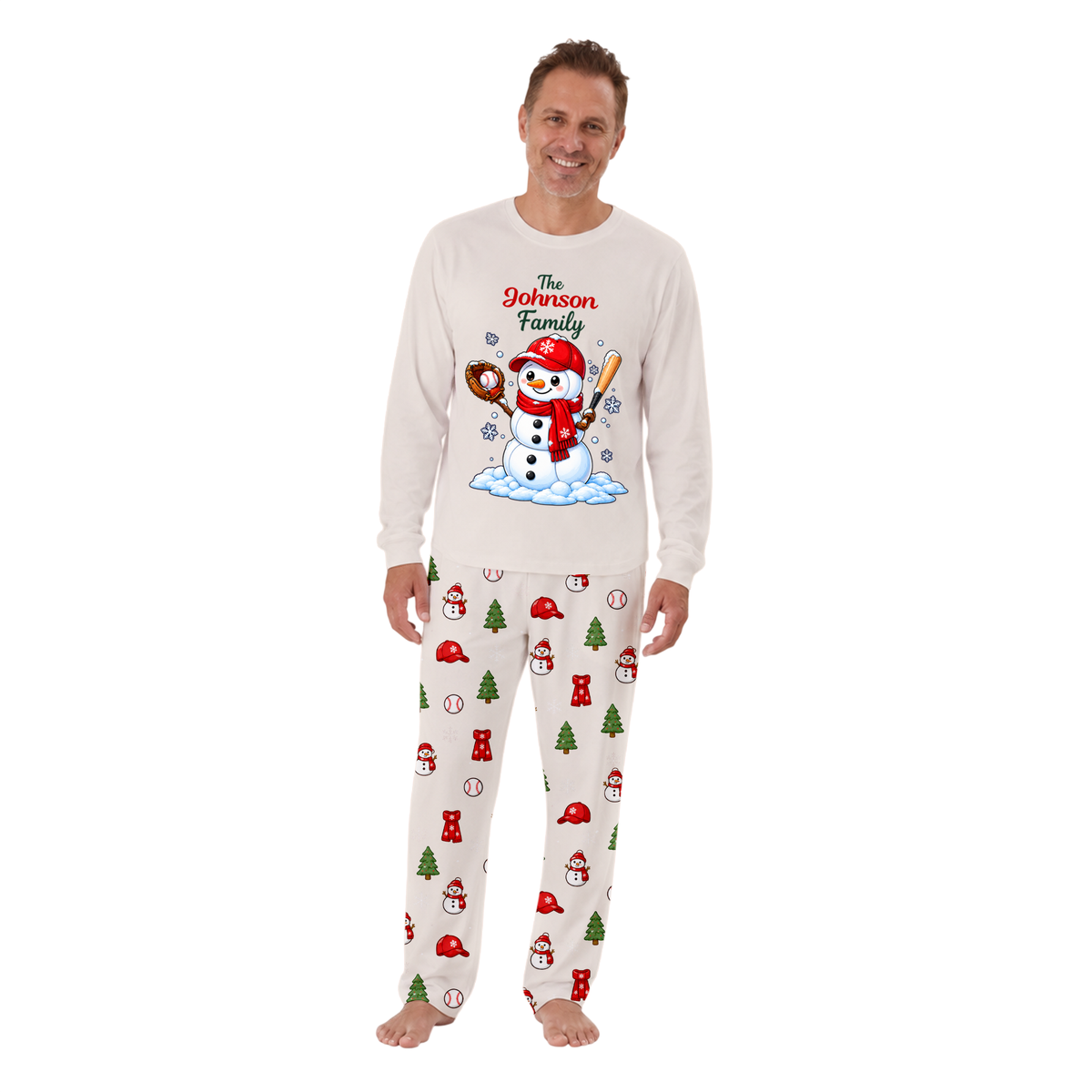Cute Snowman Baseball Family Matching Christmas Pajamas With Pet