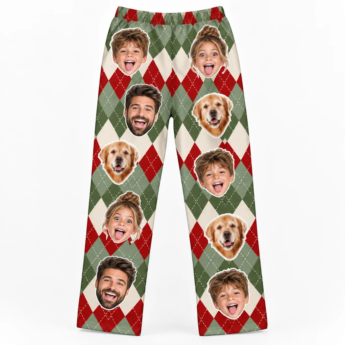 Custom Family Face Christmas Plaid Lounge Pants – Personalized Photo Pajama Pants With Pet