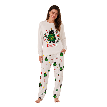 Personalized Black Cat Christmas Tree Family Matching Christmas Pajamas With Pet