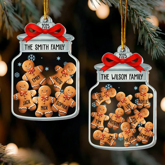 Cute Gingerbread Family Christmas Jar Custom Name Personalized Acrylic Ornament