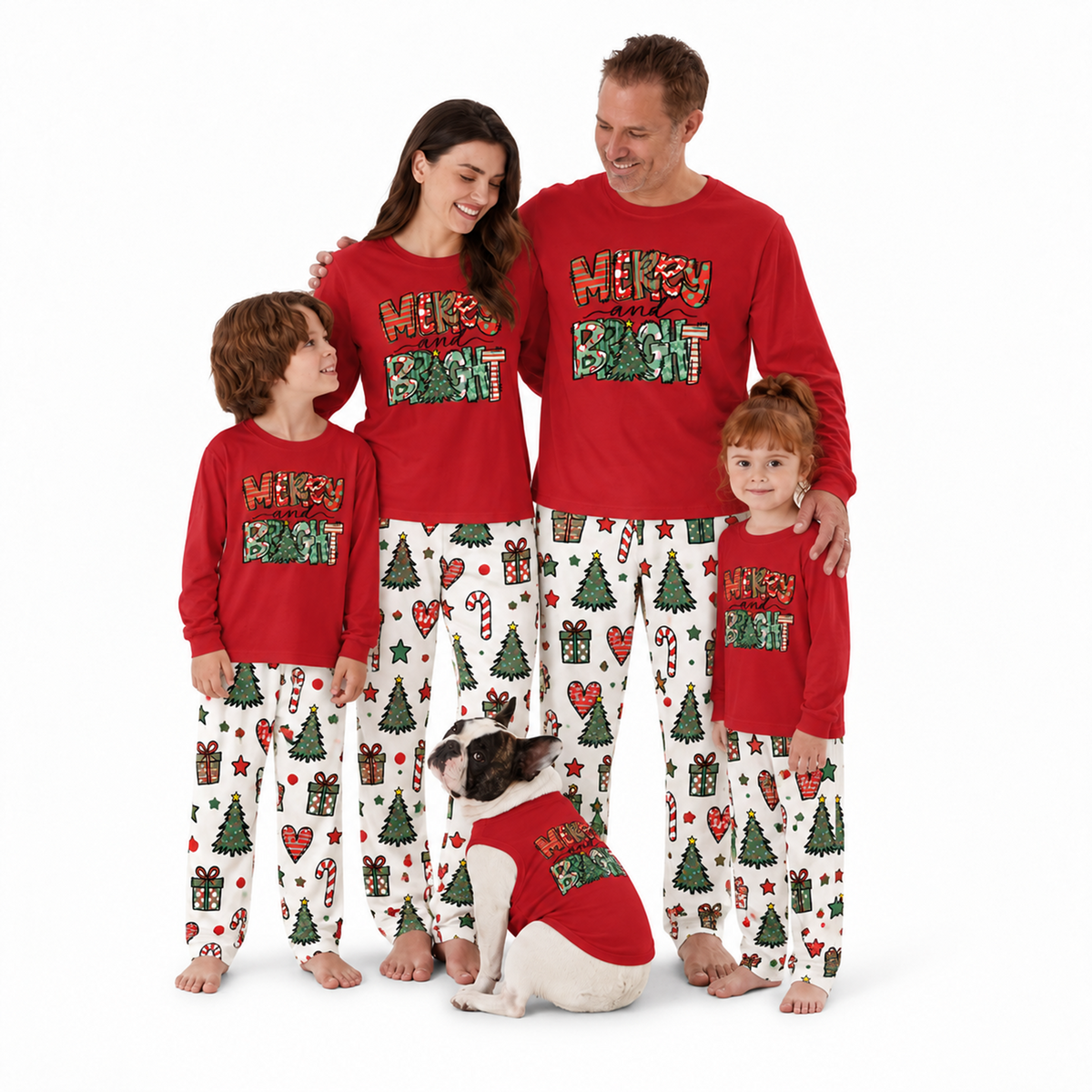 Festive Merry And Bright Family Christmas Pajamas With Pet