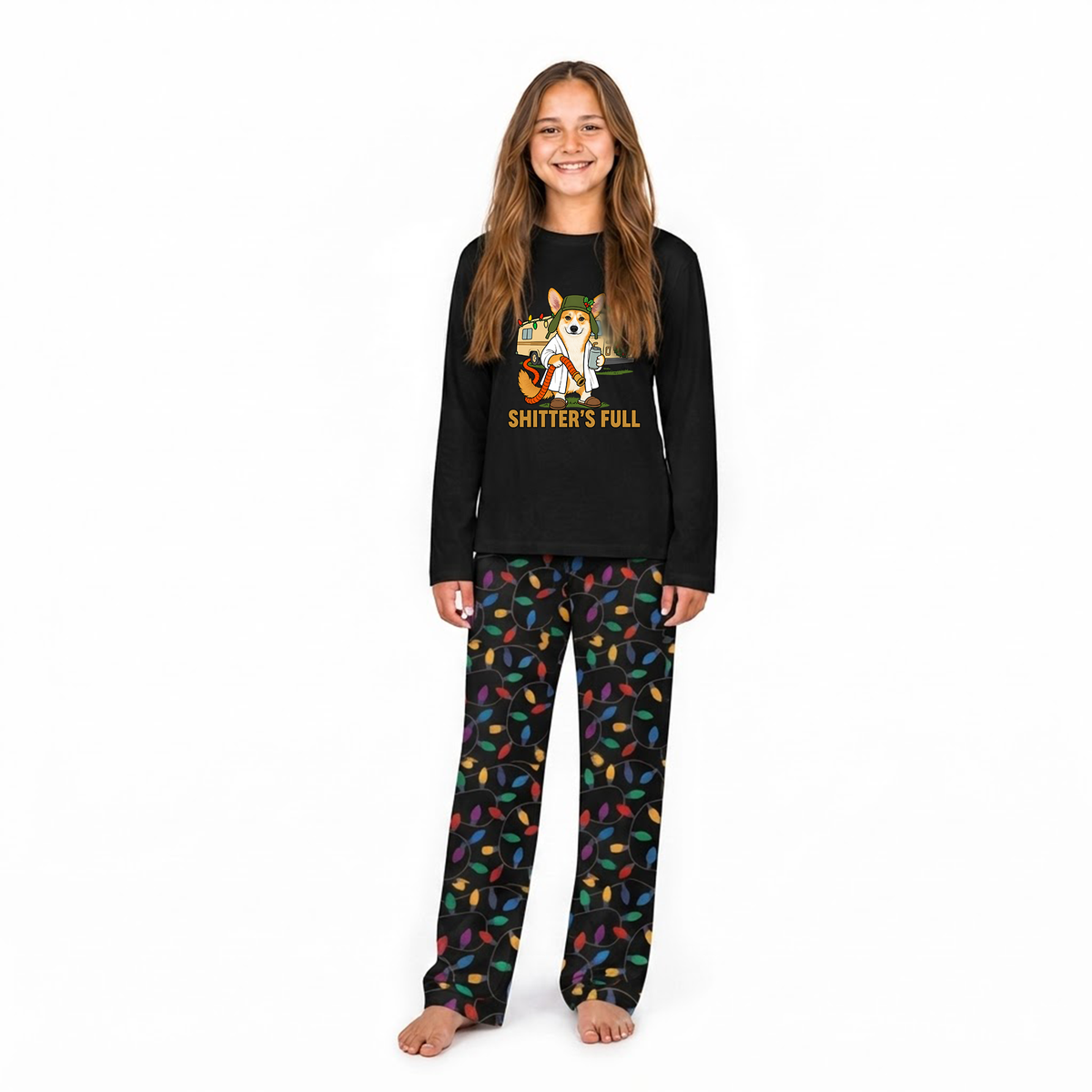 Custom Photo Funny Litter's Full Dog Cousin Eddie RV Colorful Christmas Lights Family Pajamas