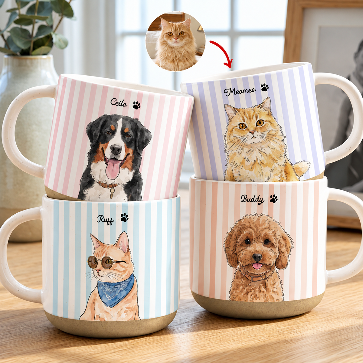 Custom Striped Pet Pottery Mug Watercolor Art - Personalized Mug