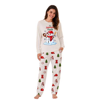 Cute Snowman Baseball Family Matching Christmas Pajamas With Pet
