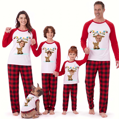 Custom Face Reindeer Family Matching Christmas Pajamas With Pet