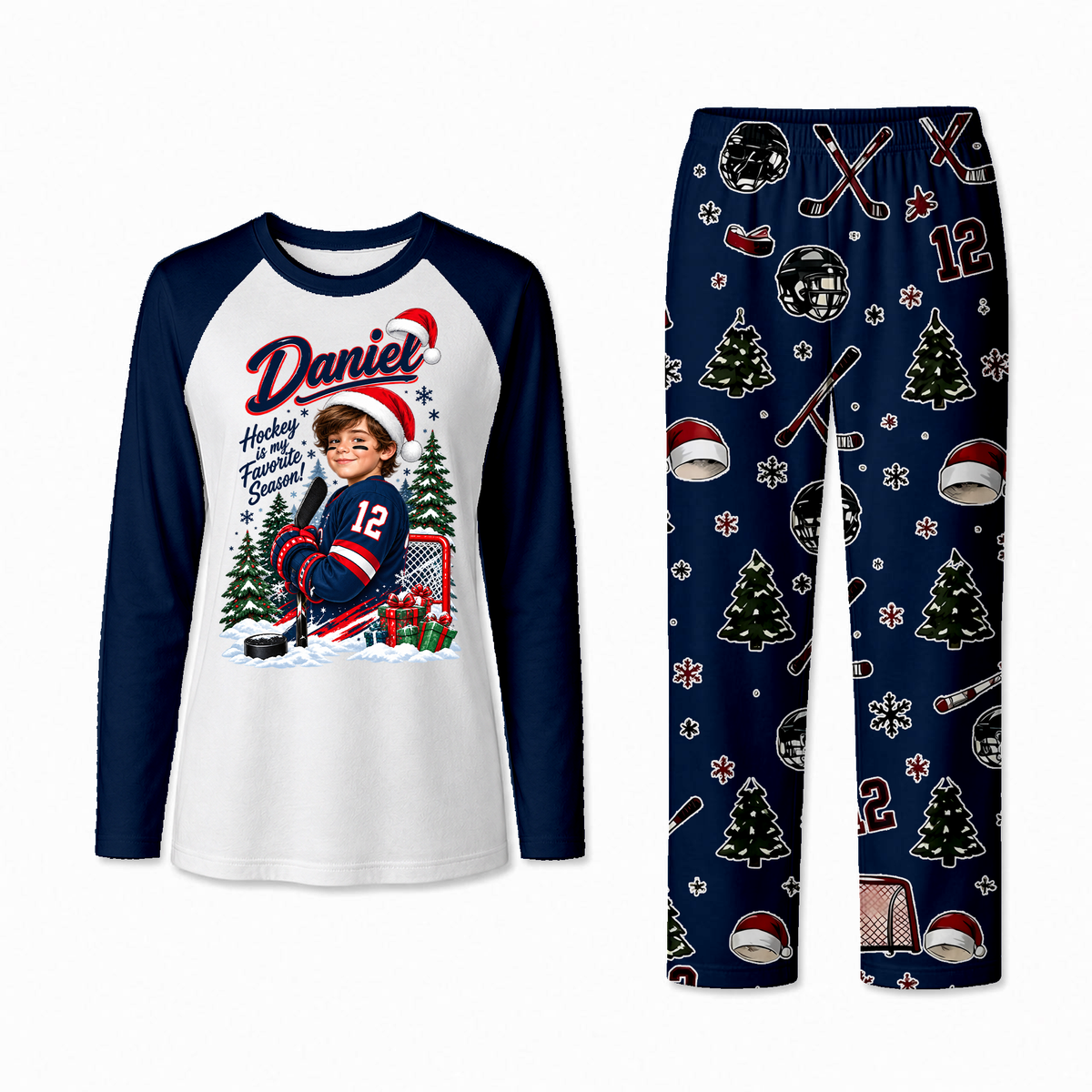 Personalized Hockey Christmas Matching Family Pajamas With Pet, Custom Photo Name & Number