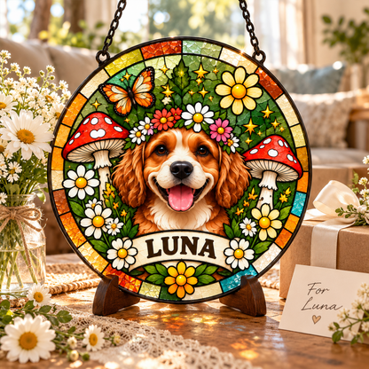 Personalized Hippie Pet Portrait Stained Glass Suncatcher – Custom Pet Name, Groovy Floral Peace Sign Window Hanging Gift