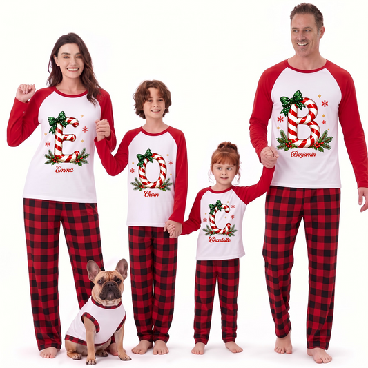 Custom Name Candy Cane Holiday Matching Family Christmas Pajamas