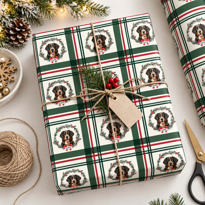 Personalized Pet Photo Christmas Wreath Plaid Wrapping Paper With Custom Name
