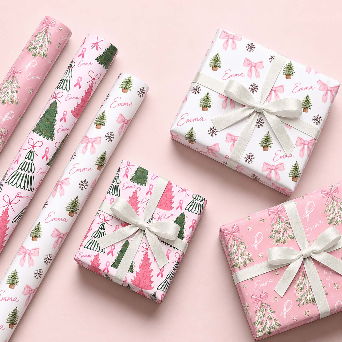 Personalized Name Pink Ribbon Christmas Tree Breast Cancer Holiday Wrapping Paper