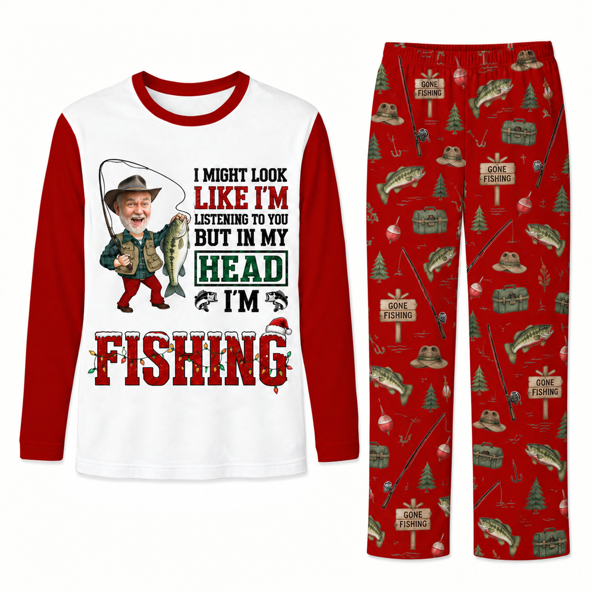 Funny Custom Face In My Head I'm Fishing Christmas Pyjama Set