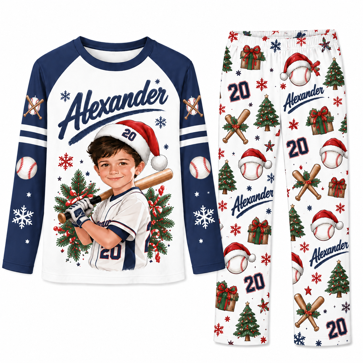 Custom Photo Baseball Player Santa Hat Matching Family Christmas Pajamas