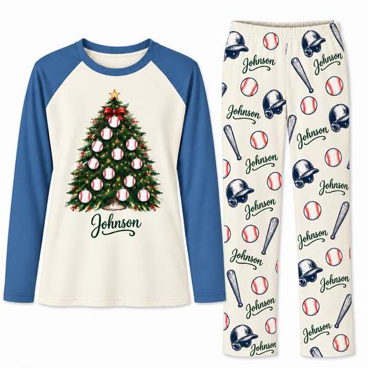 Personalized Name Festive Baseball Christmas Tree Matching Family Christmas Pajamas