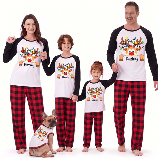 Custom Name Funny Reindeer Christmas Lights Matching Family Pajamas