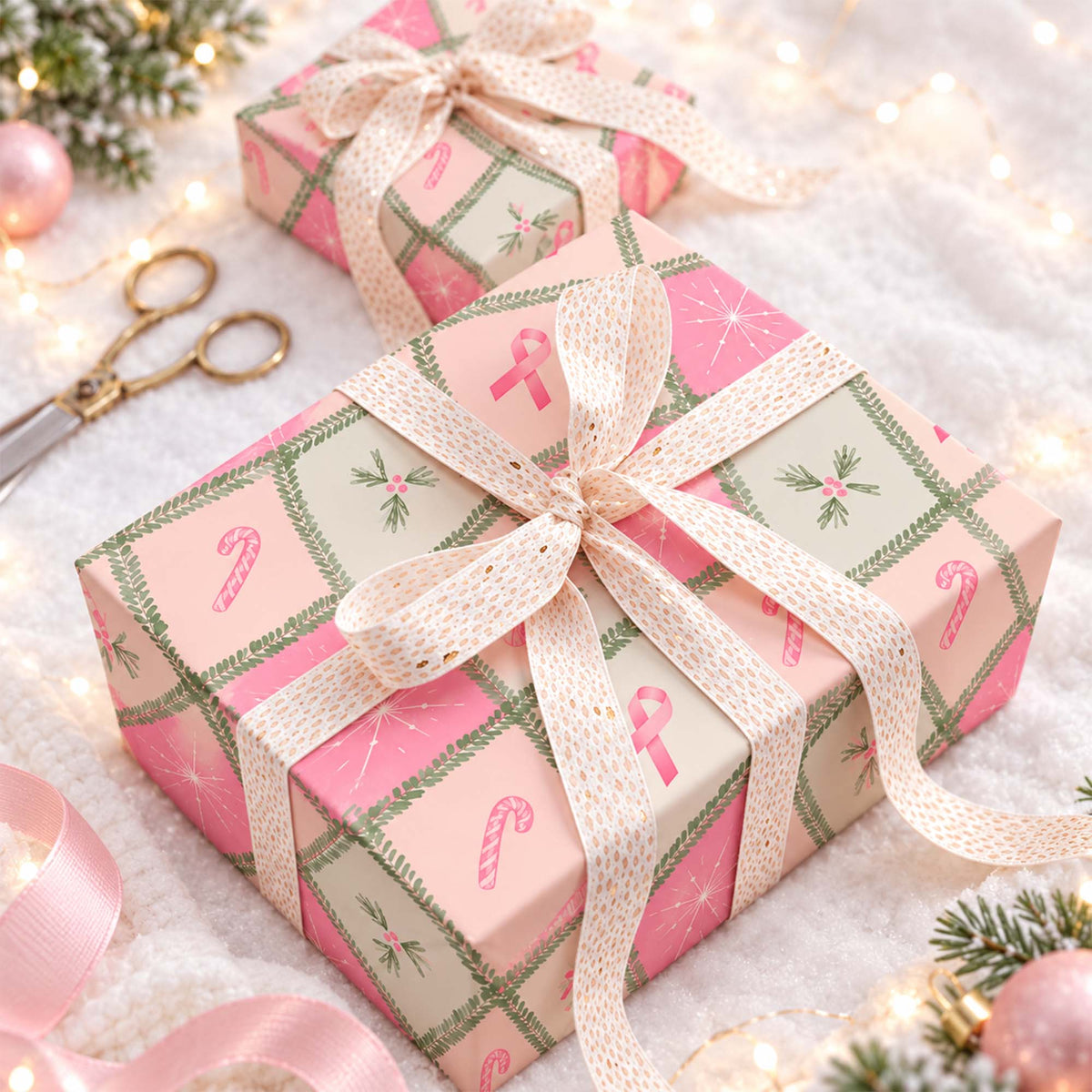 Personalized Festive Pink Ribbon Christmas Tree Breast Cancer Awareness Wrapping Paper