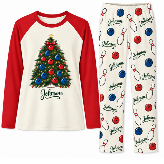 Personalized Name Festive Bowling Christmas Tree Family Pajama Sets