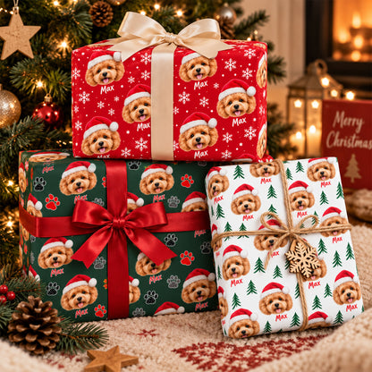 Personalized Pet Face Santa Hat & Name Christmas Wrapping Paper for Dog Lovers