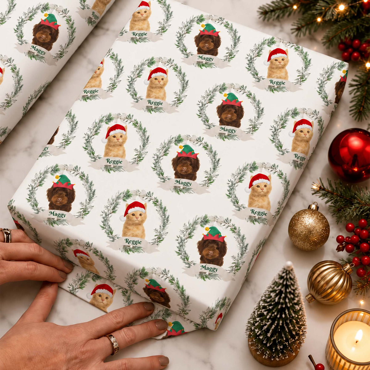 Personalized Pet Christmas Wreath Photo & Name Wrapping Paper for Dog and Cat Lovers