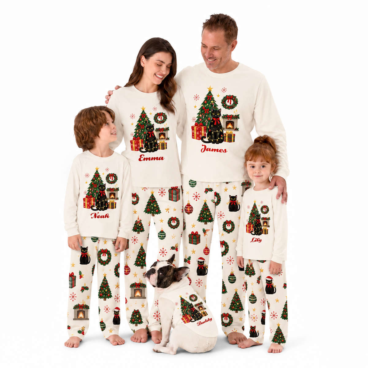 Custom Name Black Cat Christmas Tree Family Matching Christmas Pajamas With Pet