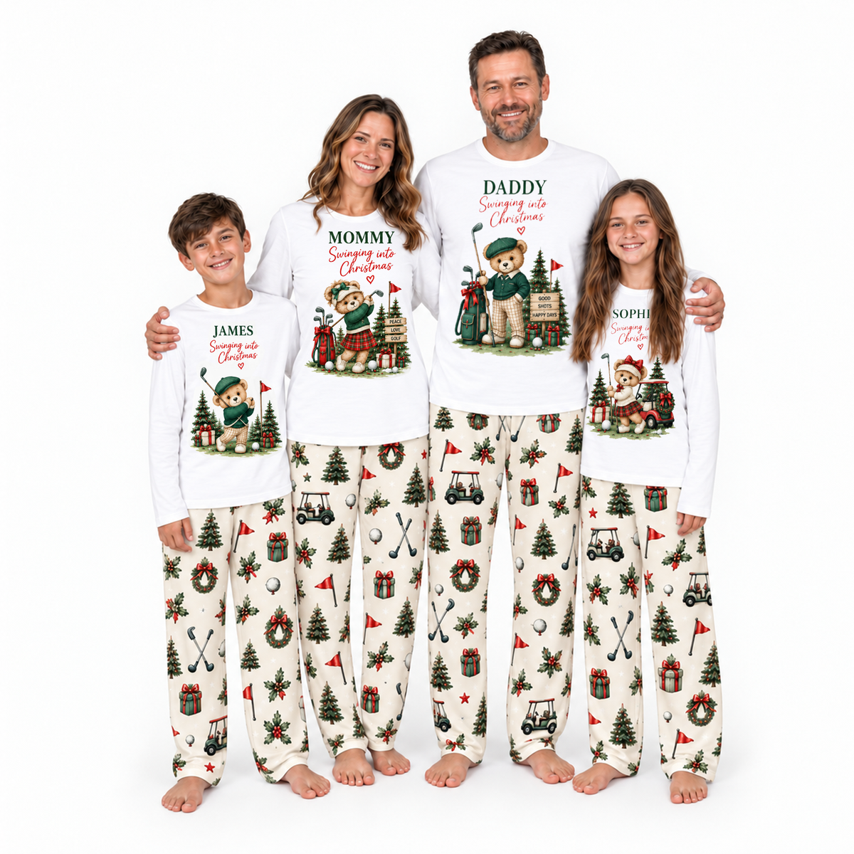 Custom Name Golf Teddy Bear Swinging Into Christmas Family Sleepwear Christmas