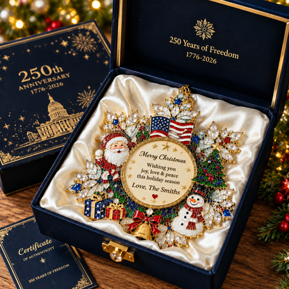 Personalized Patriotic Christmas Ornament With Custom Family Name, Santa Snowman American Flag Ornament, 250th Anniversary Christmas Keepsake