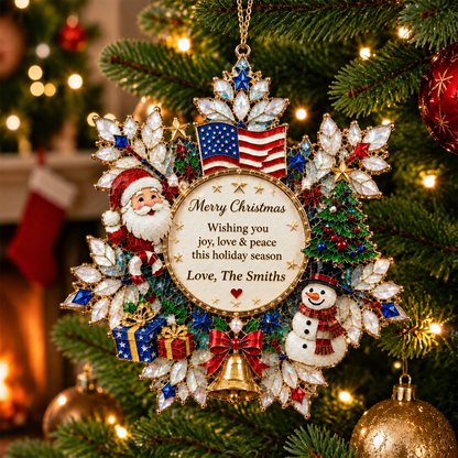 Personalized Patriotic Christmas Ornament With Custom Family Name, Santa Snowman American Flag Ornament, 250th Anniversary Christmas Keepsake