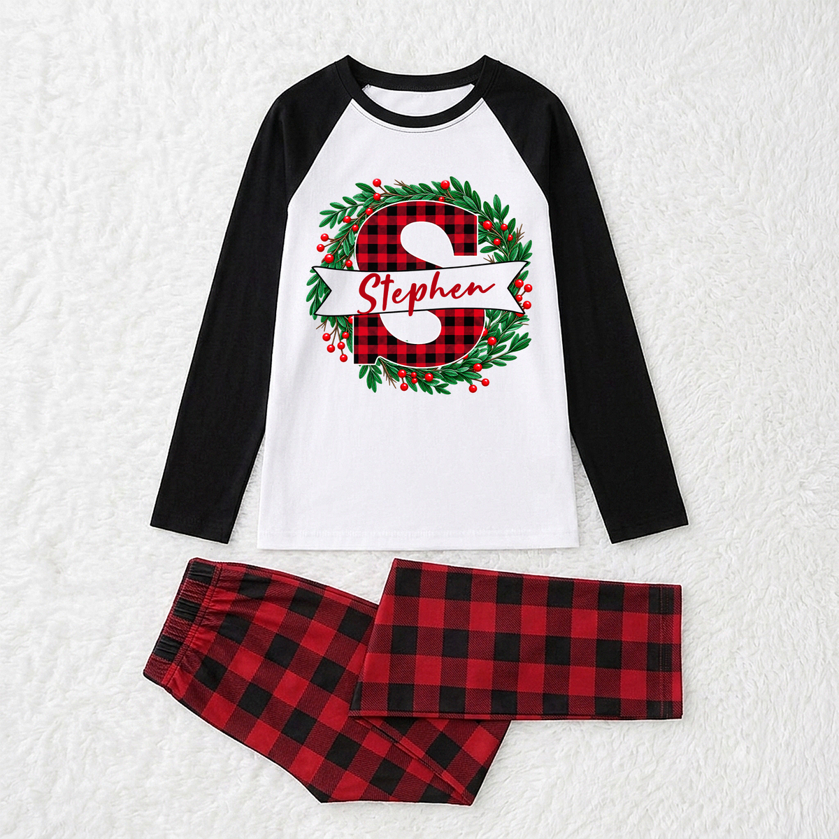 Personalized Cute Buffalo Plaid Monogram Matching Family Christmas Pajamas With Pet