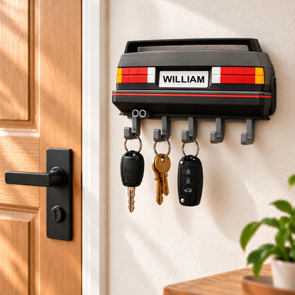Personalized Retro Car Key Holder – 3D Printed Wall Key Rack, Custom Name Car Lover Gift