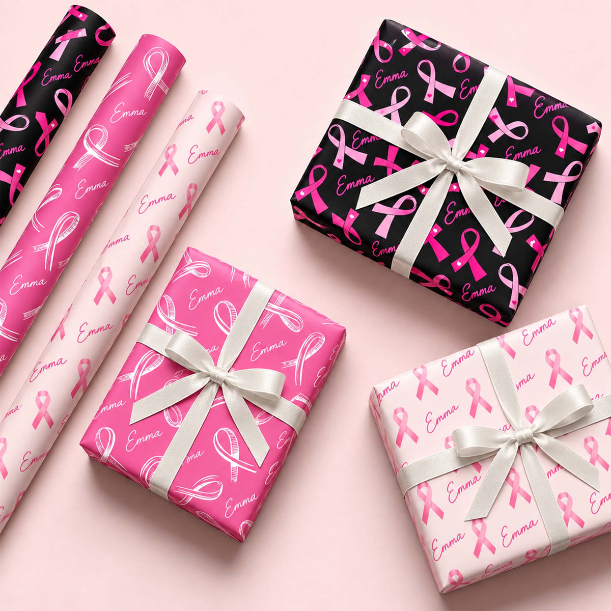 Custom Name Pink Ribbon Breast Cancer Awareness Wrapping Paper