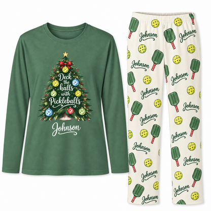 Personalized Family Name Festive Pickleball Christmas Tree Matching Family Christmas Pajamas