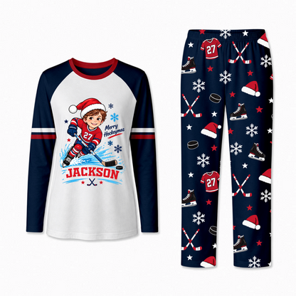 Personalized Hockey Christmas Custom Name And Number Family Matching Pajamas