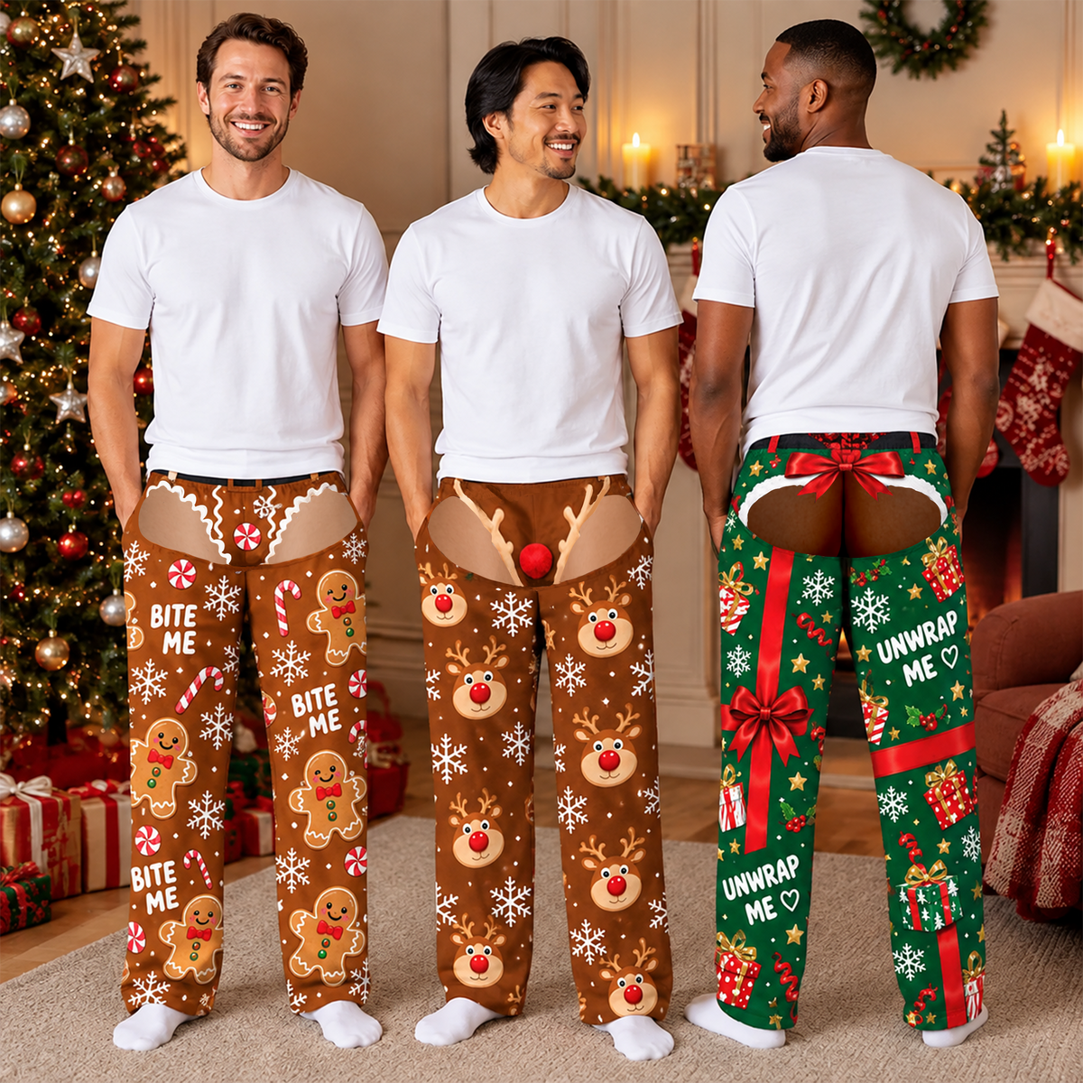 Funny Christmas Lounge Pants, Holiday Pajama Pants With Underwear Illusion, Christmas Gag Gift
