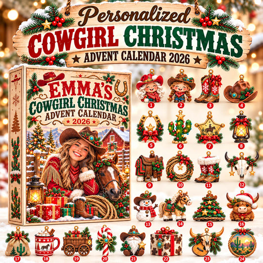 Personalized Cowgirl Christmas Advent Calendar 2026 – 24 Western Ornaments