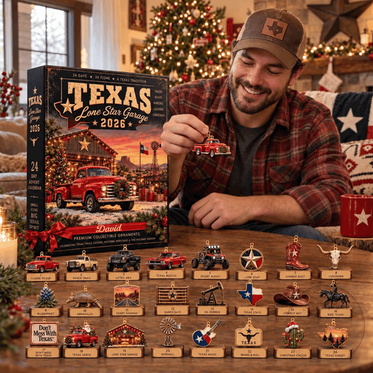 Personalized Texas Lone Star Garage Advent Calendar With Custom Name, 24 Texas Christmas Ornaments