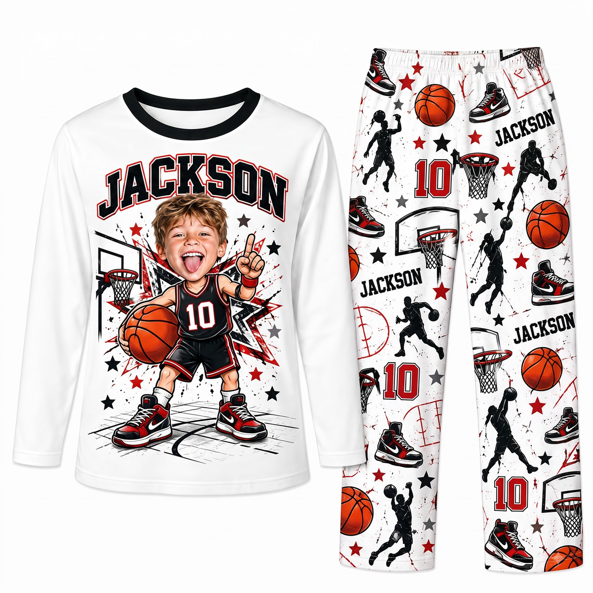 Custom Photo Name & Number Cute Basketball Player Matching Family Pajamas