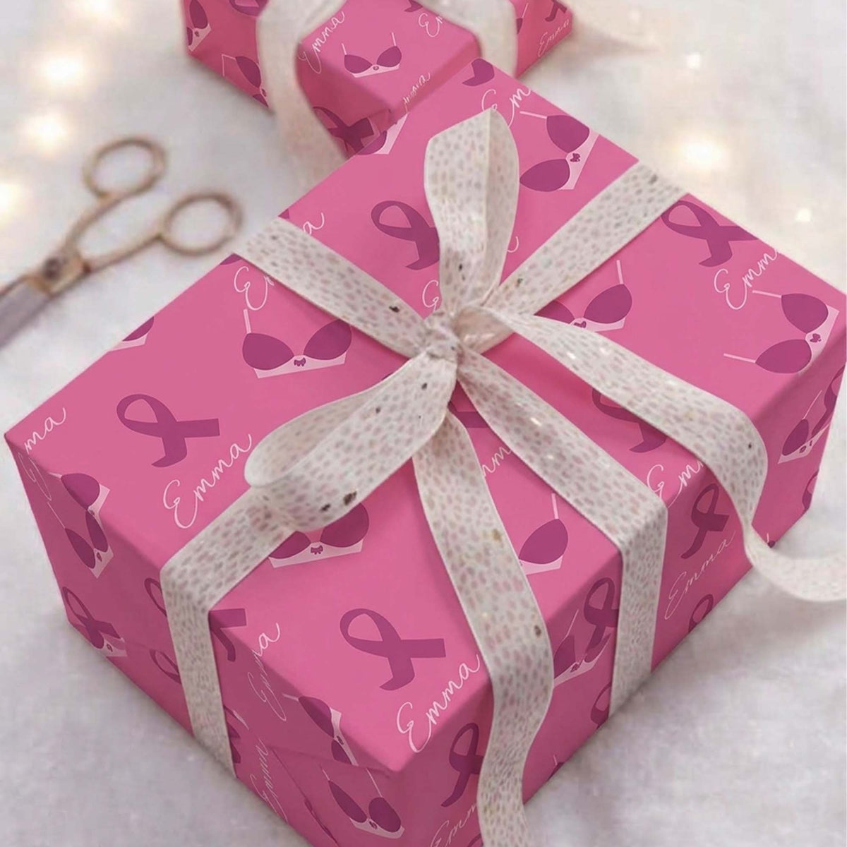 Personalized Breast Cancer Fighter Name Pink Bra Ribbon Wrapping Paper