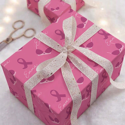 Personalized Breast Cancer Fighter Name Pink Bra Ribbon Wrapping Paper