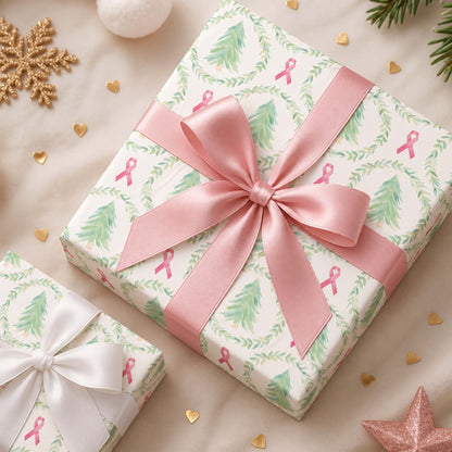 Personalized Festive Pink Ribbon Christmas Tree Breast Cancer Awareness Wrapping Paper